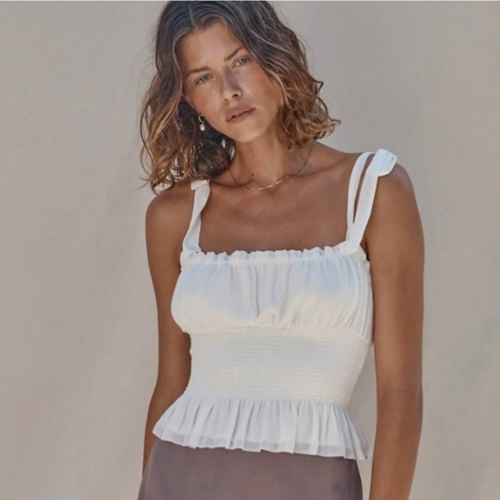 Aritzia Wilfred white smocked chiffon tie sleeve tank top